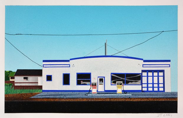 Rural gas station with a power line leading to it