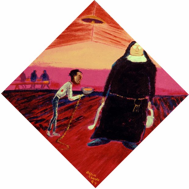 Malnourished child on a chain holding a soup bowl in front of a nun