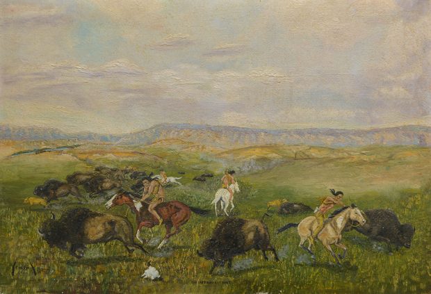 Five men on horses chasing bison in a field with bows.