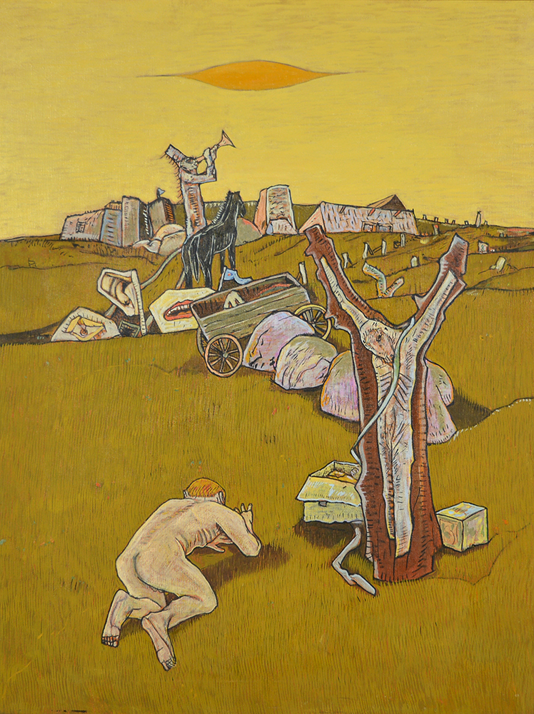 Person on the ground, another person crucified on a tree, disembodied ears and mouth, a horse, and a trumpeter