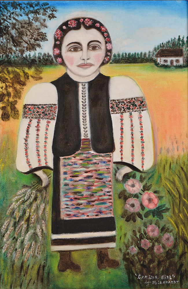 A girl wearing traditional Ukrainian garb stands in a field