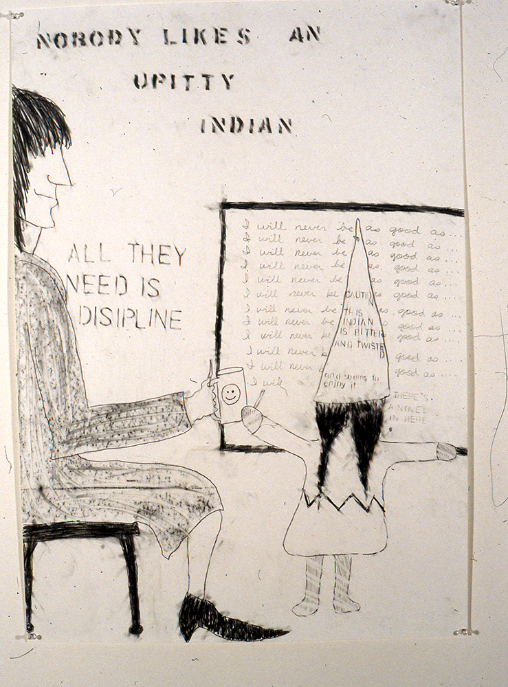 A teacher watches a student write lines on a board