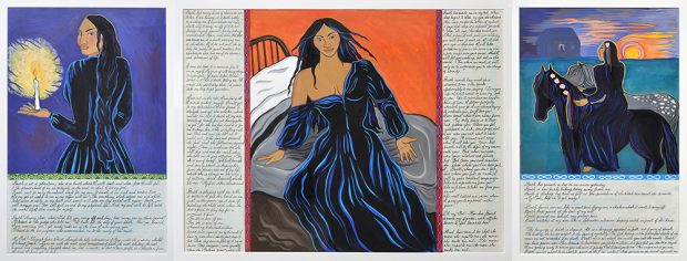 Three images, a woman holding a candle, a woman in bed, and a woman on a horse, each surrounded by text.