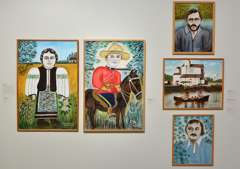 Five paintings. A woman in traditional Ukrainian garb, an RCMP officer in red serge on a horse, a portrait of David Thauberger, Joe Fafard's family canoeing in front of a grain elevator, and a portrait of Victor Cicansky.