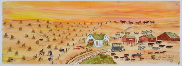 A farm with buildings, machines, and animals, and a field with piles of crops.