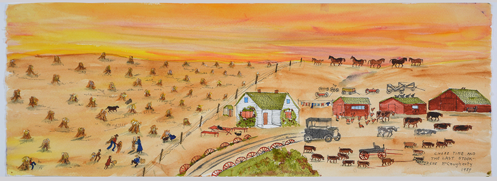 A farm with buildings, machines, and animals, and a field with piles of crops.