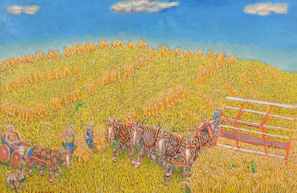 Several people doing farm work in a field, gathering piles, and pulling machines with horses.
