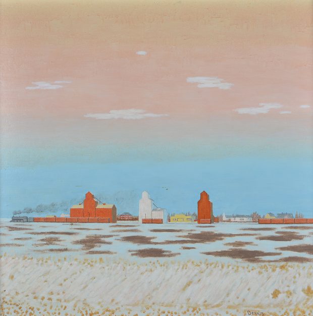 Three grain elevators, a train, and some buildings in the distance beyond a snowy field, sky orange.
