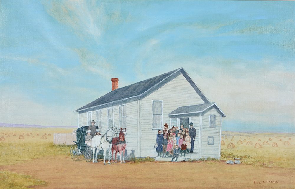 Students, teachers, and a horse cart in front of a one-room schoolhouse in a farmed field.