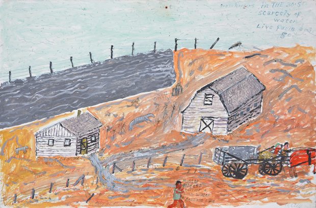 Farm with house, barn, fields, horse, and wagon