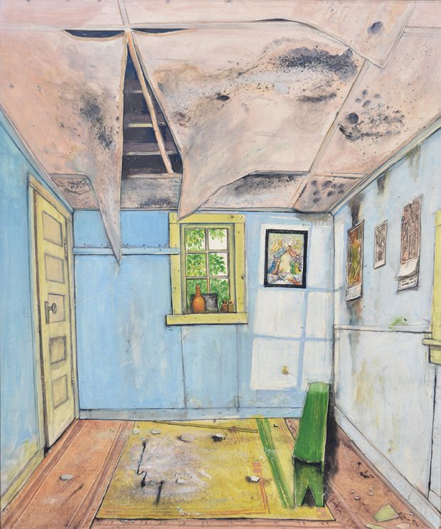 The decaying entrance of an old house. The ceiling is water damaged and broken open.