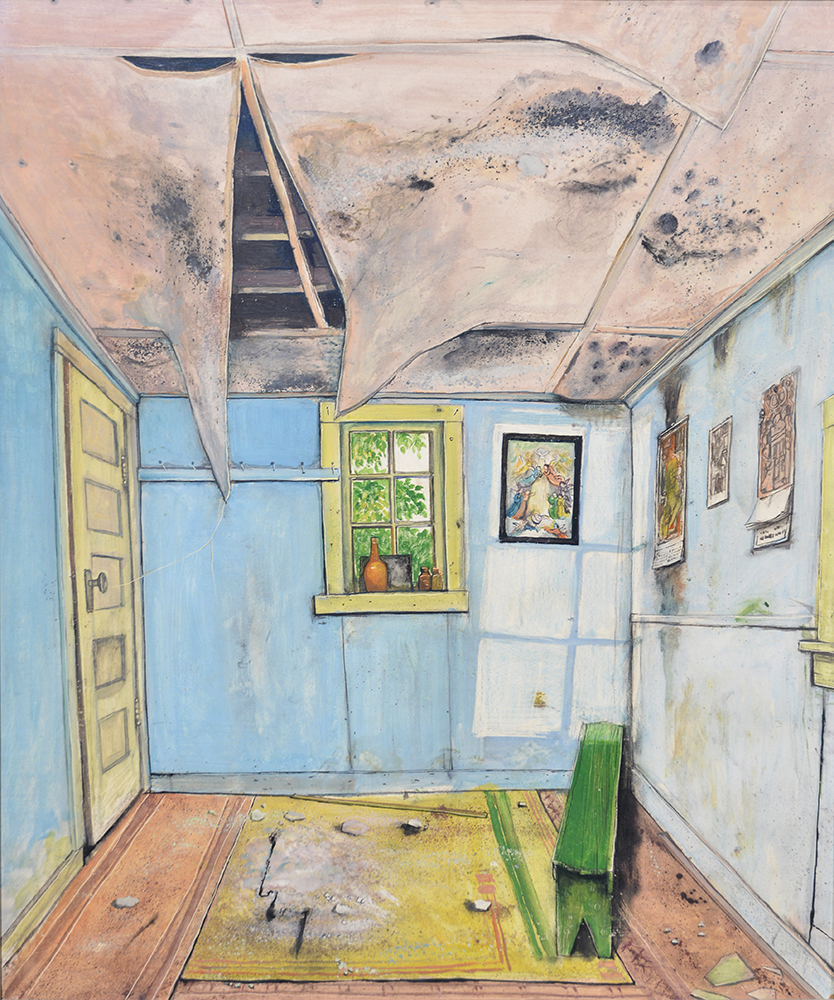 The decaying entrance of an old house. The ceiling is water damaged and broken open.