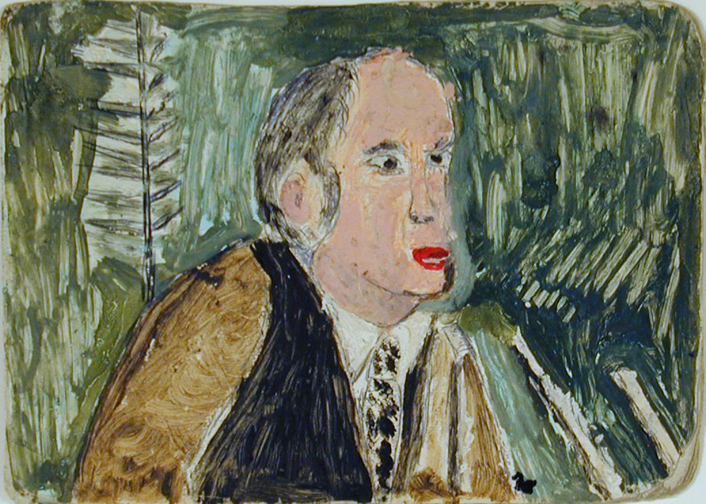 Tableau de Pierre Trudeau portant une veste brune sur un fond vert. 