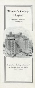 Pamphlet for Women's College Hospital, featuring a drawing of the exterior of the hospital.