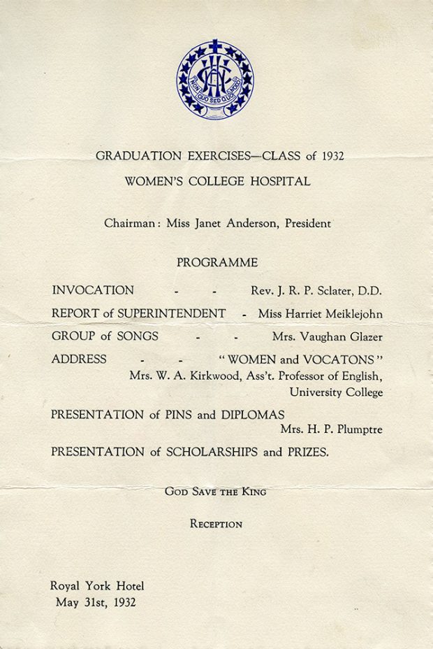 The Women's College Hospital Graduate Exercises programme for the Class of 1932.