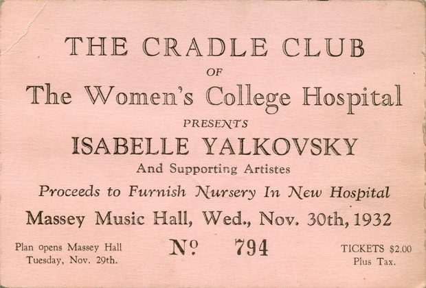 Original ticket stub with date, time and location listed. States that all proceeds will go to furnishing a nursery in the new hospital.