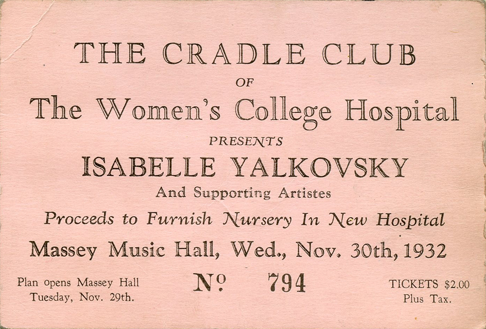 Original ticket stub with date, time and location listed. States that all proceeds will go to furnishing a nursery in the new hospital.