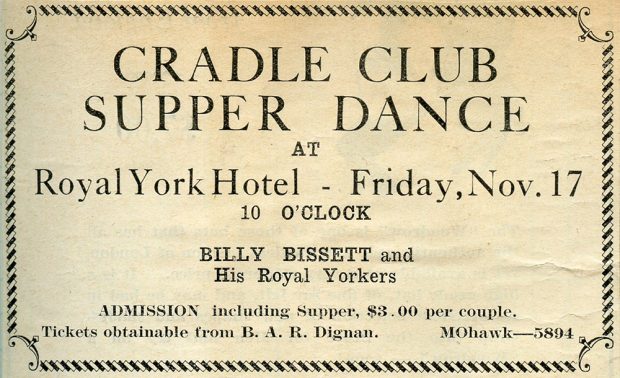 Announcement for a Cradle Club Supper Dance at the Royal York Hotel, November 17, 1933.