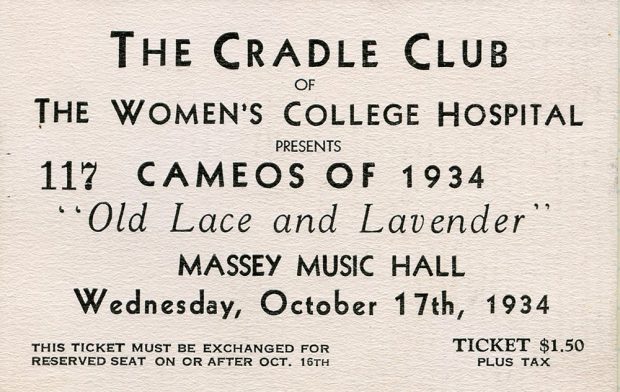 Ticket stub for the Cradle Club of Women's College Hospital's presentation of Old Lace and Lavender at Massey Music Hall on October 17th, 1934.