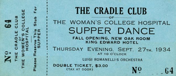 Ticket stub for the Cradle Club of Women's College Hospital's Supper Dance for September 27th, 1934.