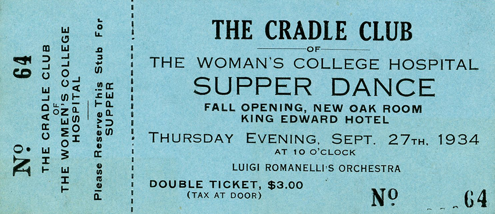 Ticket stub for the Cradle Club of Women's College Hospital's Supper Dance for September 27th, 1934.