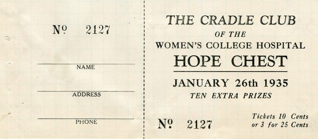 Ticket stub for the Cradle Club of Women's College Hospital Hope Chest draw, January 26th, 1935.