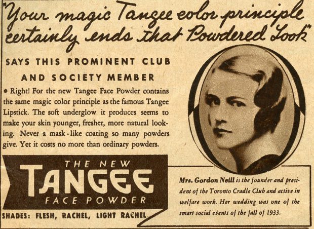 Advertisement clipping with picture of Mrs. Gordon Neill and promotional text.