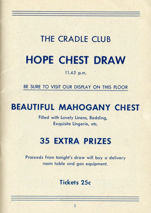 Announcement for the Cradle Club's Hope Chest Draw, including a beautiful mahogany chest.