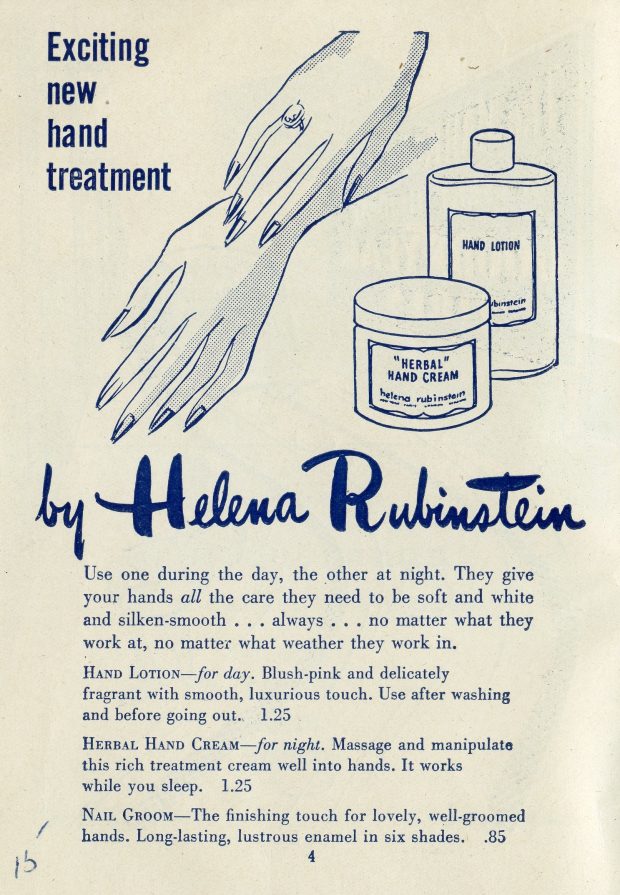 Illustrated advertisement for hand cream. Close up of hands with painted fingernails and two bottles of cream.