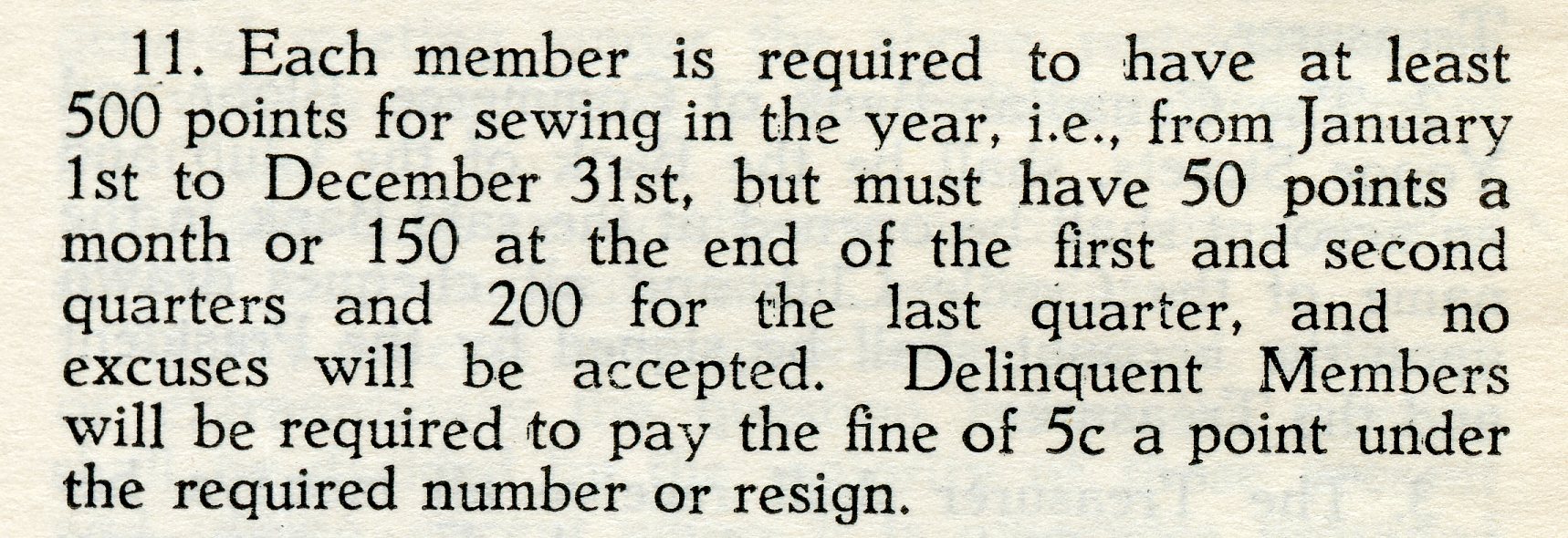 A clipping explaining that members needed at least 500 points for the year. Those who didn’t meet this had to pay 5 cents a point or resign from the club.