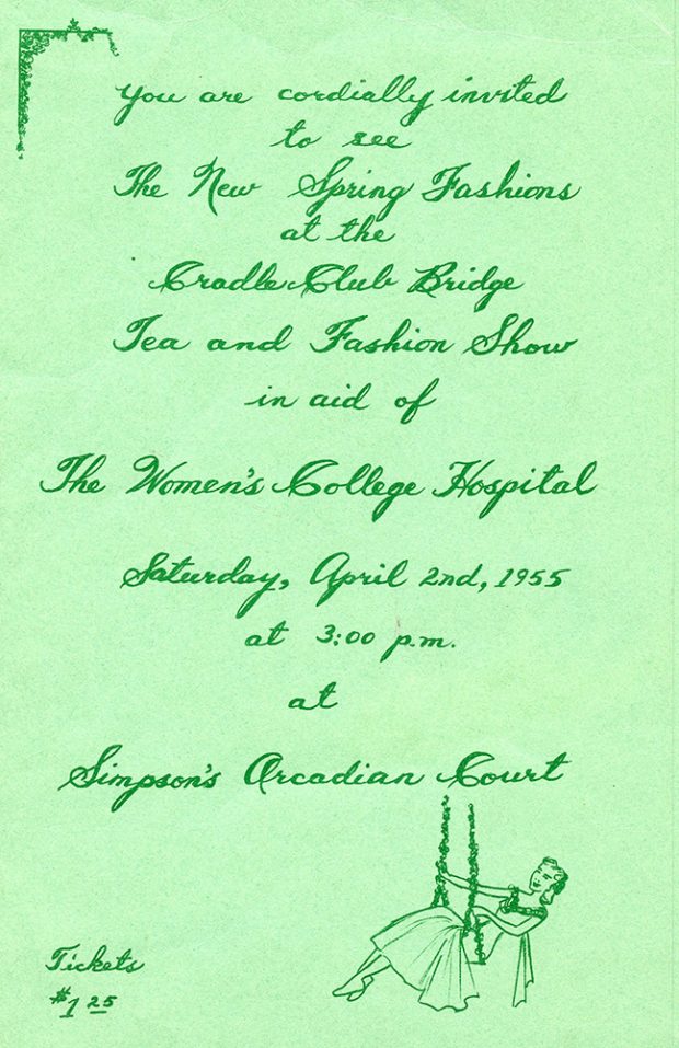 A printed invitation to the Cradle Club’s Bridge, Tea and Fashion Show, with a small illustration of a girl on a swing.