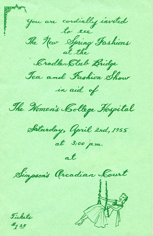 A printed invitation to the Cradle Club’s Bridge, Tea and Fashion Show, with a small illustration of a girl on a swing.