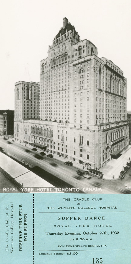 Ticket from a Cradle Club fundraising event and a photo of the exterior of the Royal York Hotel.