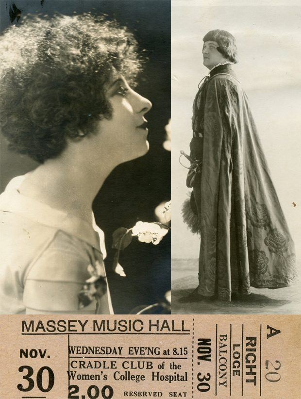 Memorabilia from the Cradle Club’s fundraising concert at Massey Music Hall in November 1932 including two photos, one of Canadian soprano Jeanne Mignolet, the other of French Canadian tenor George Dufresne, and a ticket stub.