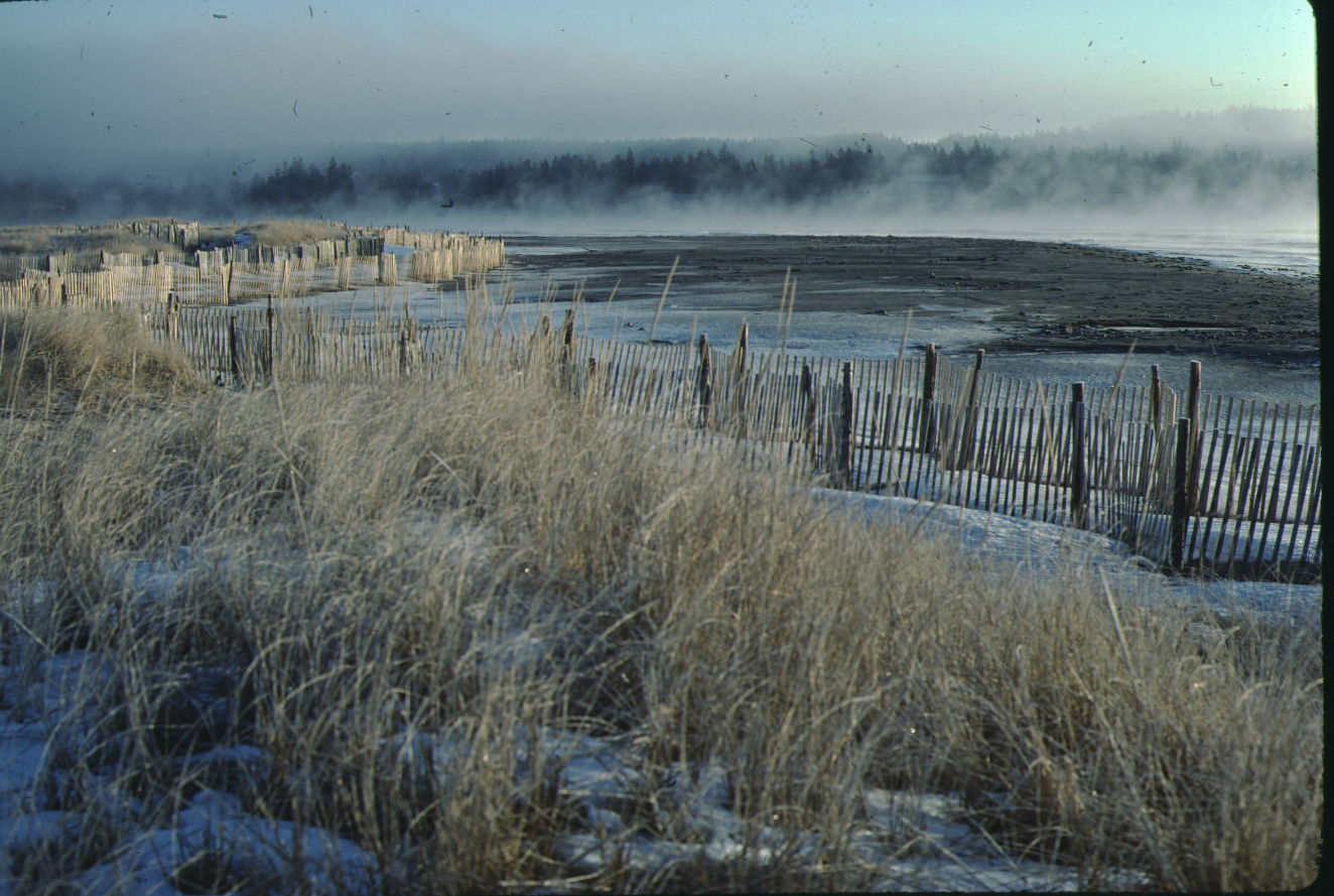 A snow covered Rainbow Haven beach