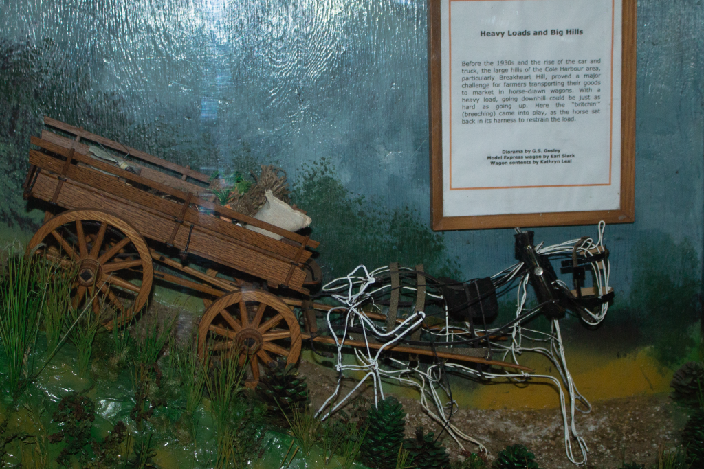 A model of a breeching horse with a wagon