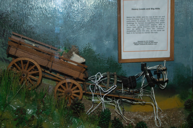 A model of a breeching horse with a wagon