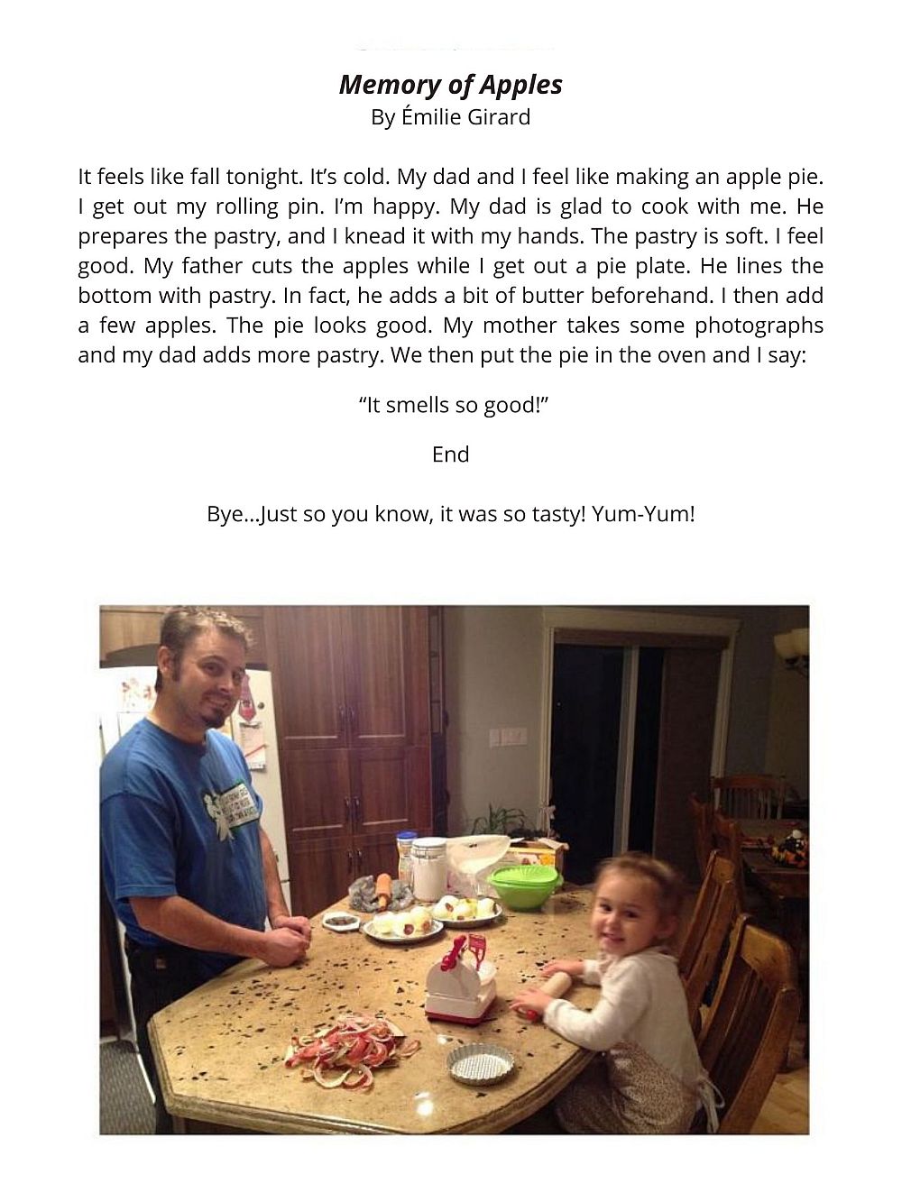 A dad and his little daughter prepare an apple pie after picking.