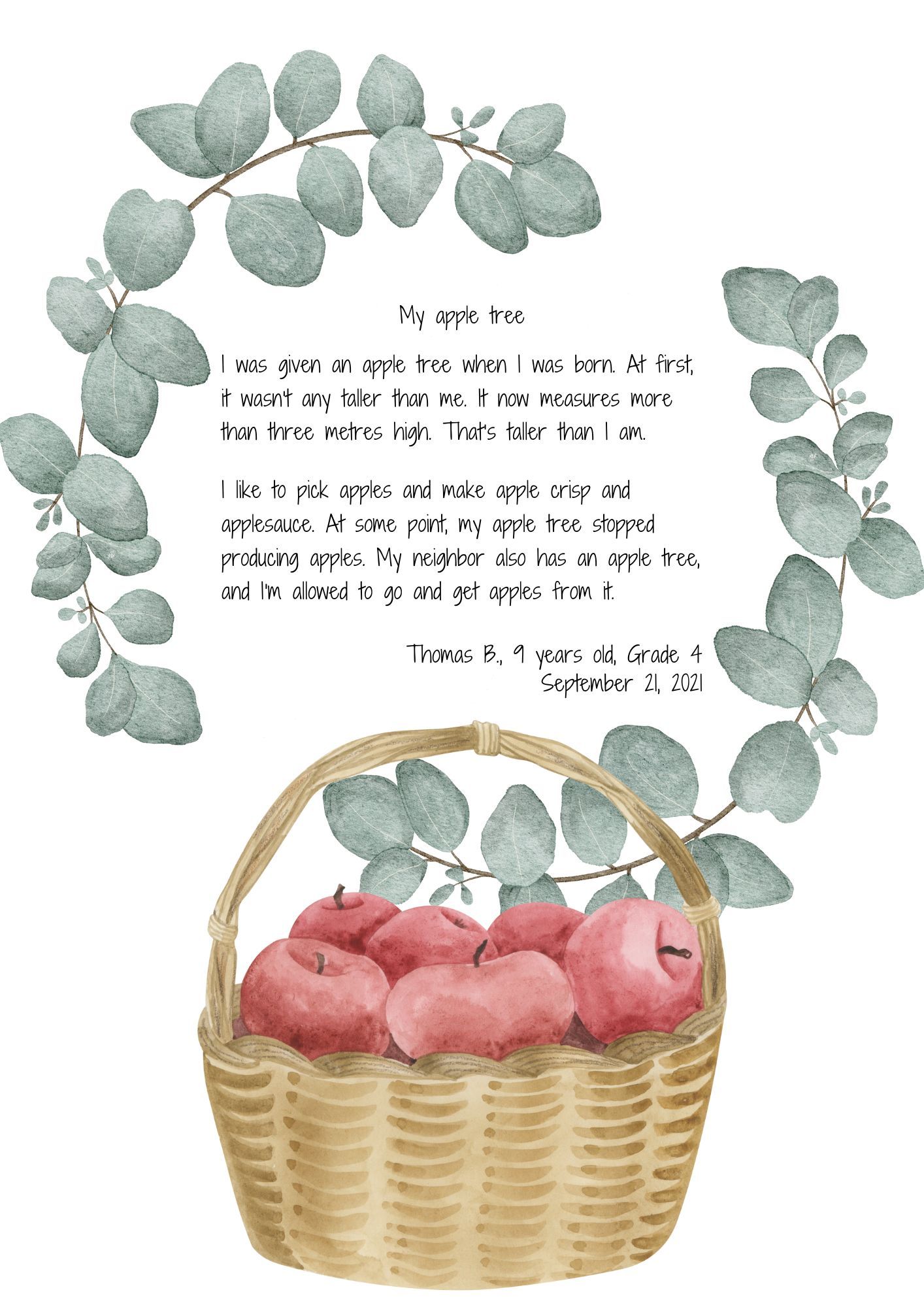Text written by a child on a sheet decorated with a basket of apples