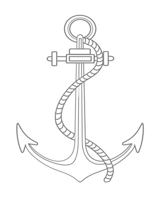 Drawing of a ship’s anchor. The lines are light grey, the anchor is white.