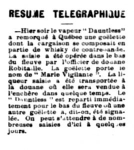 Newspaper article citing the seizure of the Marie-Vigilante. The schooner was transporting an illegal shipment of whisky.