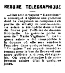 Article de journal faisant mention de la saisie de la Marie Vigilante. La goélette transportait une cargaison illégale de whisky.