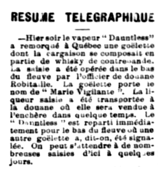 Newspaper article citing the seizure of the Marie-Vigilante. The schooner was transporting an illegal shipment of whisky.