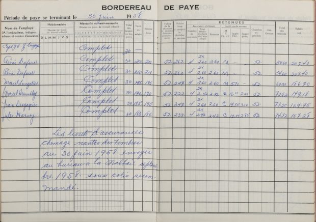 A pay slip belonging to Captain J.A.Z. Desgagnés and his six crew members. The document is a booklet that opens on a double page of squared paper. Each crew member’s information is hand-written in blue. There is a note written over the unemployment insurance stamps at the bottom of the left page.