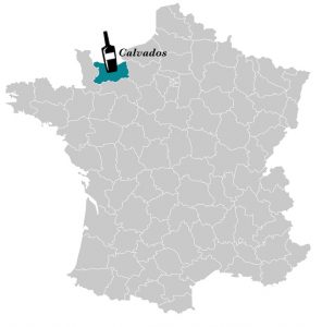 Map of France The map is grey, with the department of Calvados highlighted in green. A small black and white pictogram of a bottle of Calvados completes the picture.