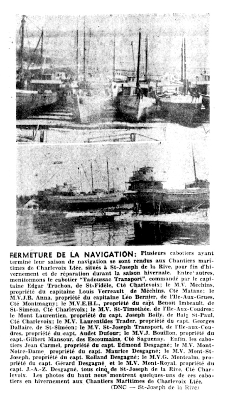 A newspaper article about the wintering of several ships at the Chantiers maritimes de Charlevoix shipyards. The header features two photographs showing several schooners lined up on the shores of the shipyards.