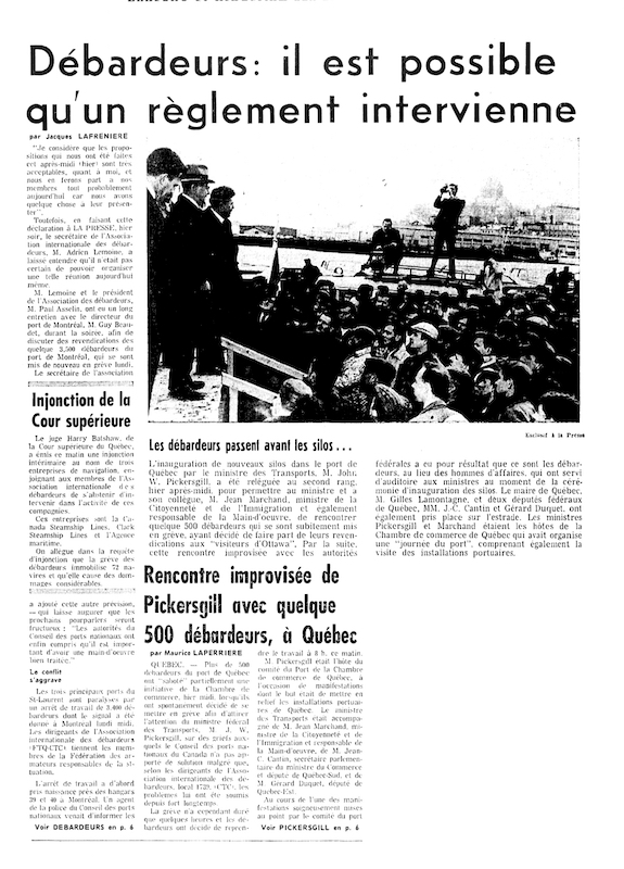 The picture shows a page from a newspaper on which are printed a photograph and an article about the longshoremen’s strike. On the picture, we see a crowd of protesters in front of three men standing on a stage.