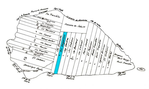 A black and white map of an island. The island is divided into rectangular strips of land. Each parcel is identified with the name of its owner. In the lower centre portion of the image, a strip of land is highlighted in blue. This land belonged to Nicolas Desgagnés.