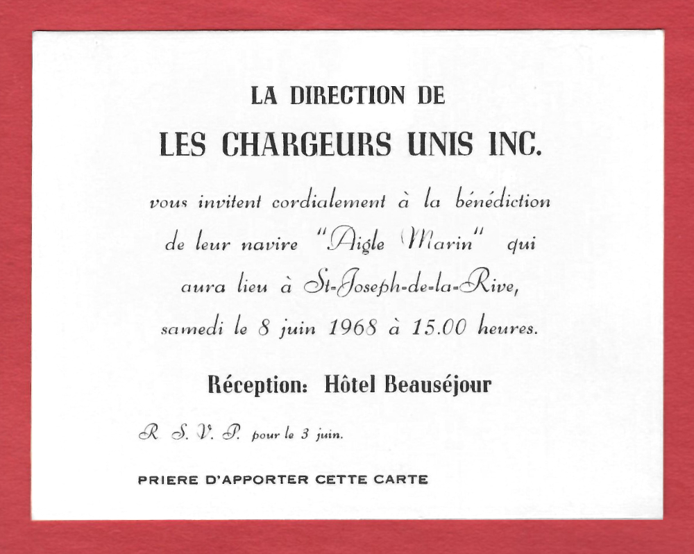 Invitation to the blessing ceremony of a ship. The date, time and place of the reception are written on the card. The card is white with black lettering and laid on a red backdrop.