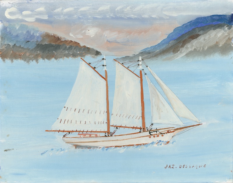 A naïve painting of a sailboat on a calm sea. The schooner and its sails are white. The sea is blue and the sky has greyish and pinkish hues.